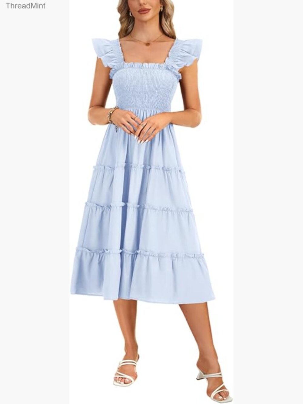 Smocked A-Line Midi Sundress Square Neck Sleeveless Tiered Cotton Dress